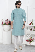 Sky Blue Jacquard Silk Plain Straight Kurta Pajama for Men for Wedding & Festival