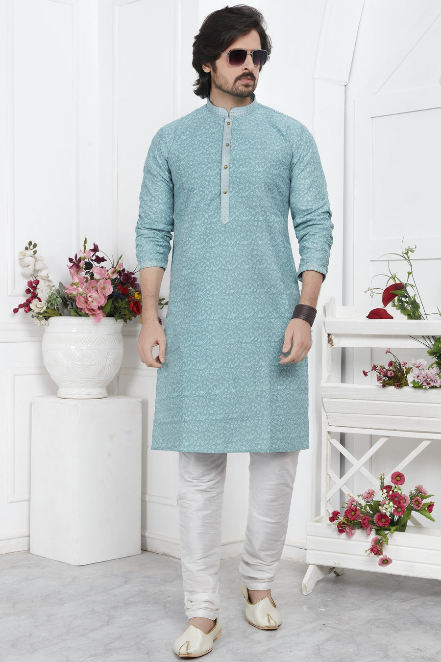 Sky Blue Jacquard Silk Plain Straight Kurta Pajama for Men for Wedding & Festival