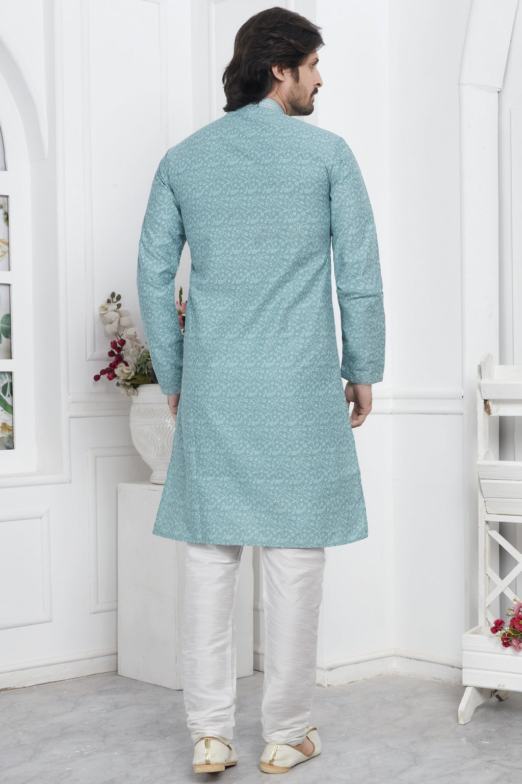 Sky Blue Jacquard Silk Plain Straight Kurta Pajama for Men for Wedding & Festival