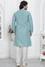 Sky Blue Jacquard Silk Plain Straight Kurta Pajama for Men for Wedding & Festival