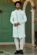 Sky Blue Jacquard Silk Wedding Suit Indowestern Long Kurta & Pant for Men - Hand Work