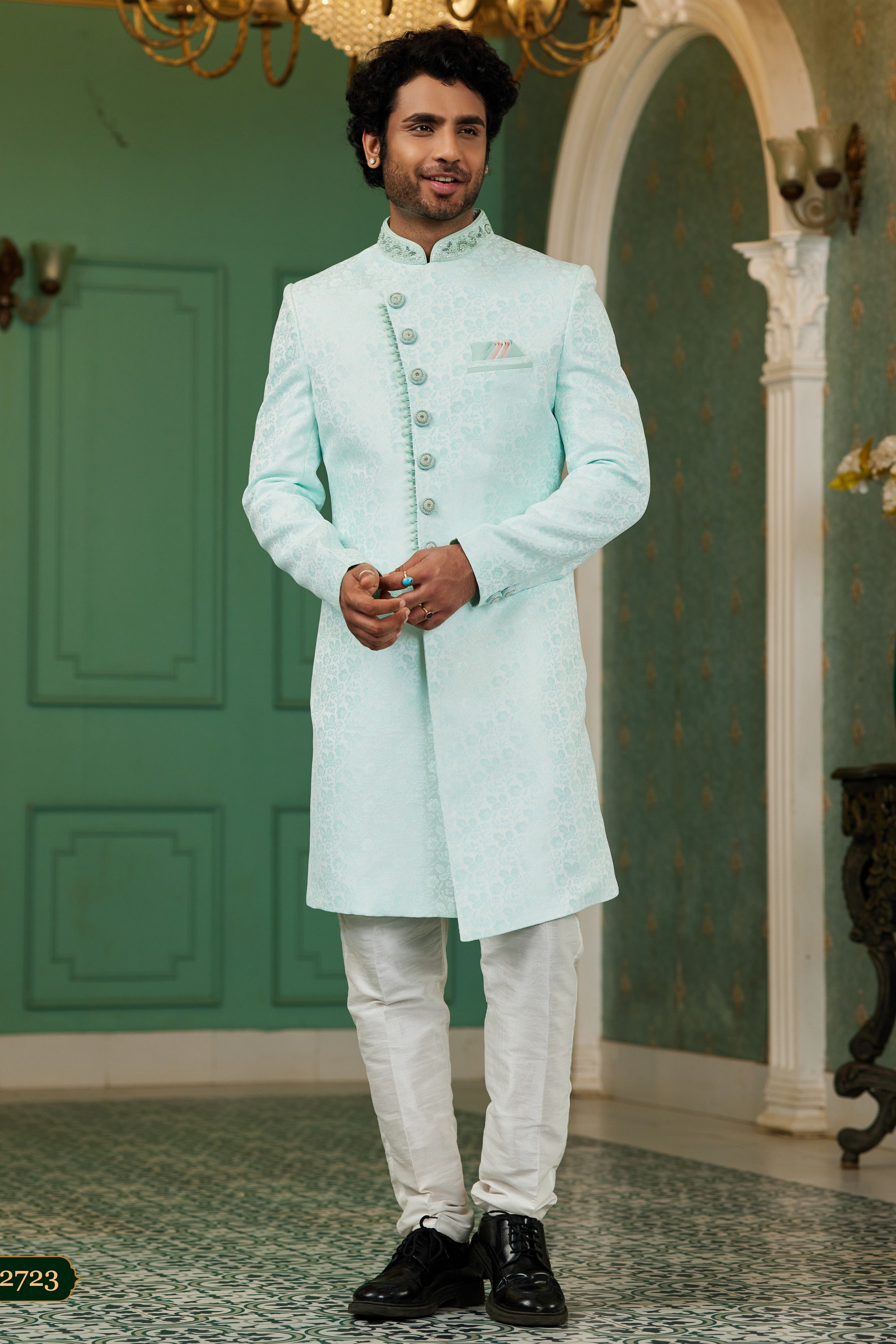 Sky Blue Jacquard Silk Wedding Suit Indowestern Long Kurta & Pant for Men - Hand Work