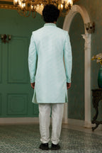 Sky Blue Jacquard Silk Wedding Suit Indowestern Long Kurta & Pant for Men - Hand Work