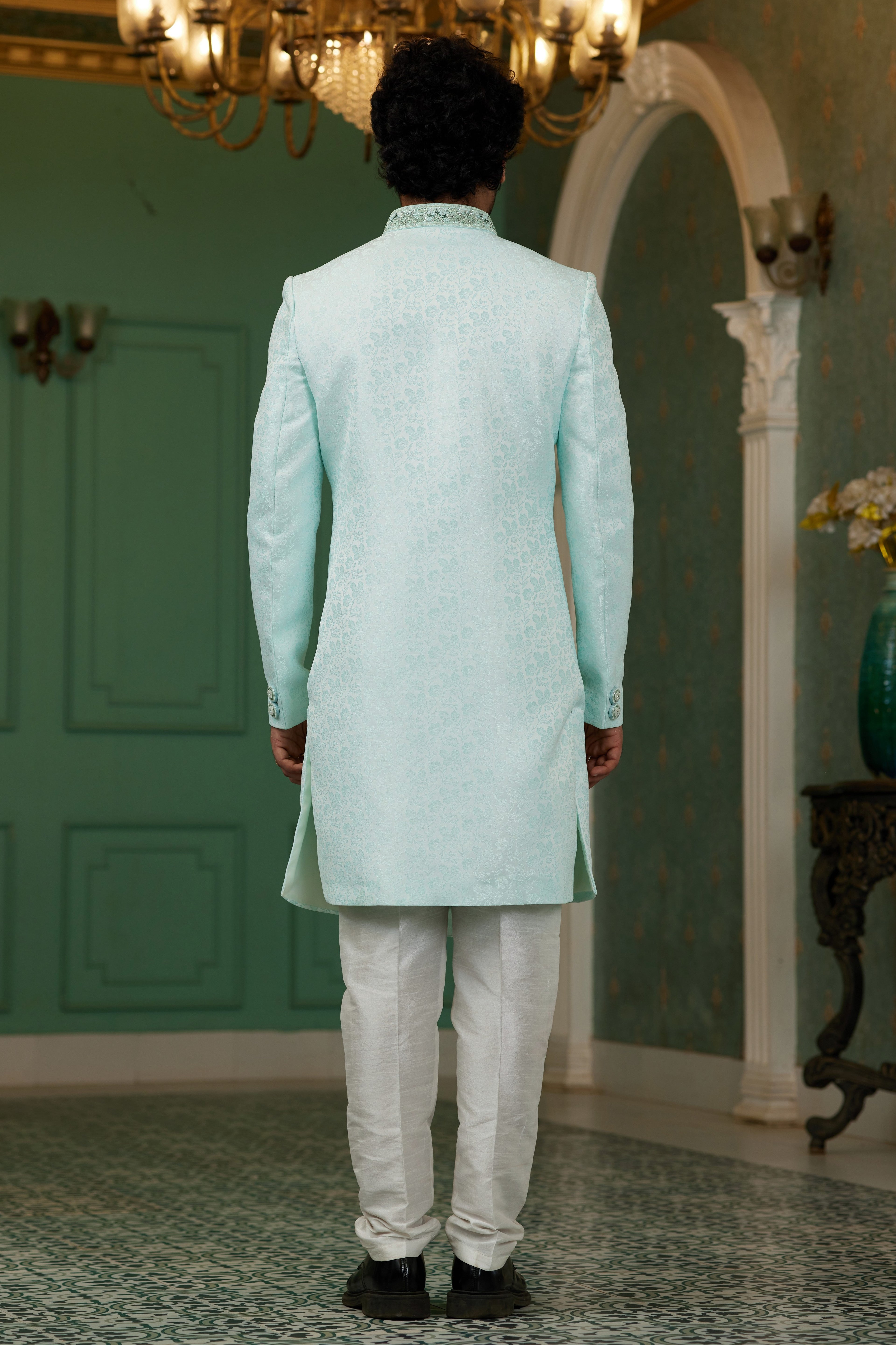 Sky Blue Jacquard Silk Wedding Suit Indowestern Long Kurta & Pant for Men - Hand Work