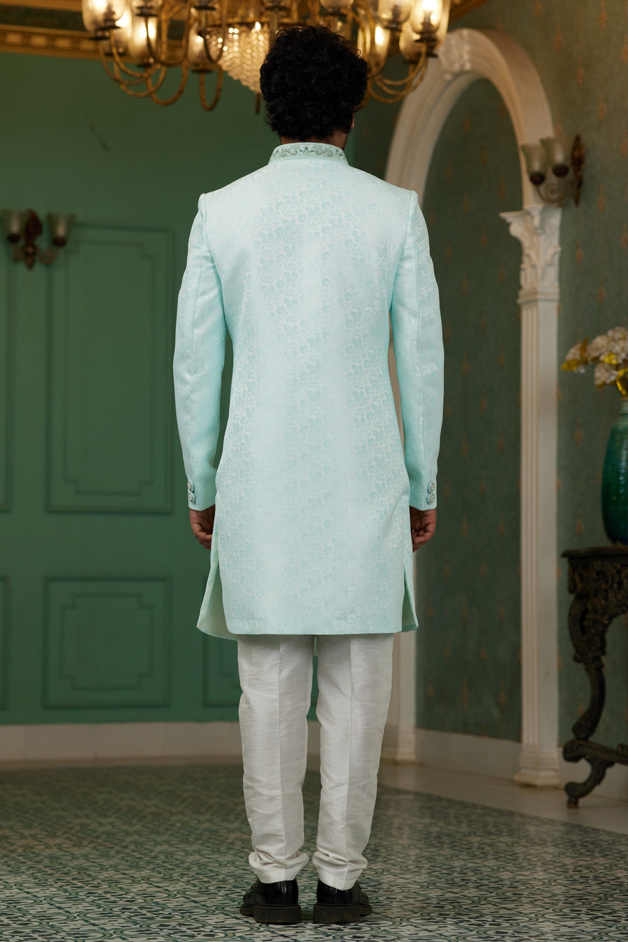 Sky Blue Jacquard Silk Wedding Suit Indowestern Long Kurta & Pant for Men - Hand Work