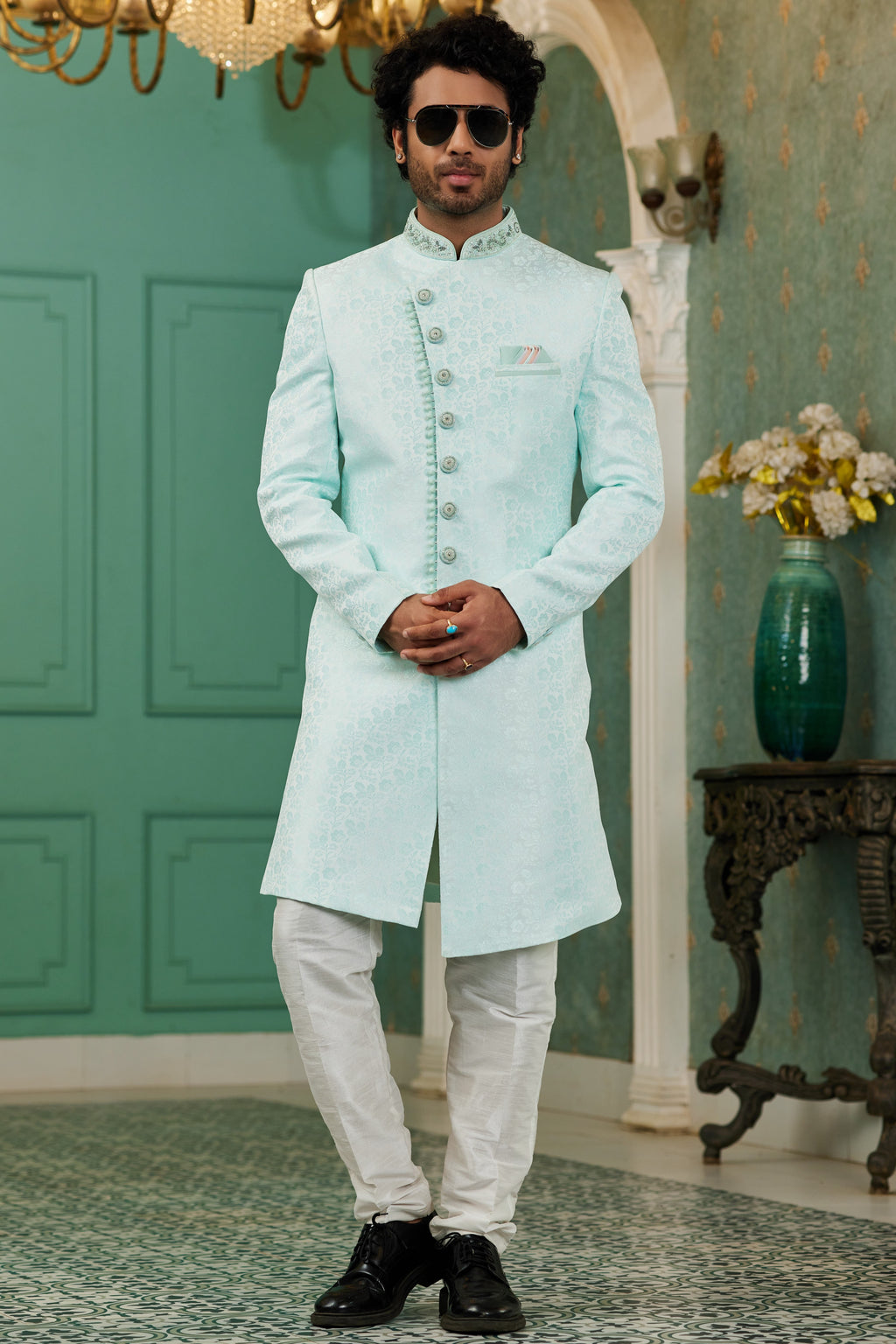 Sky Blue Jacquard Silk Wedding Suit Indowestern Long Kurta & Pant for Men - Hand Work