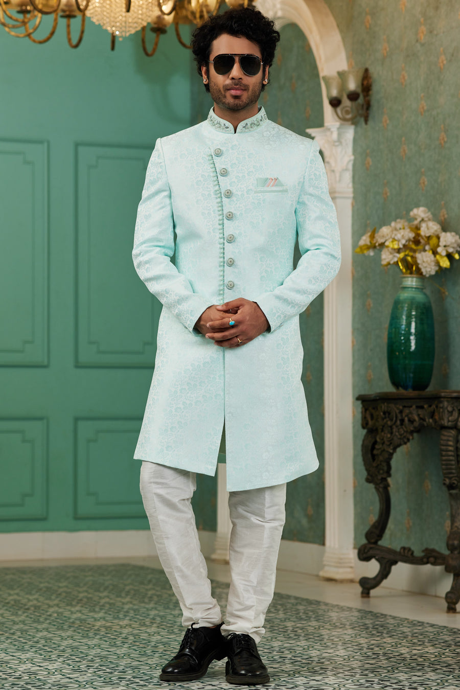 Sky Blue Jacquard Silk Wedding Suit Indowestern Long Kurta & Pant for Men - Hand Work
