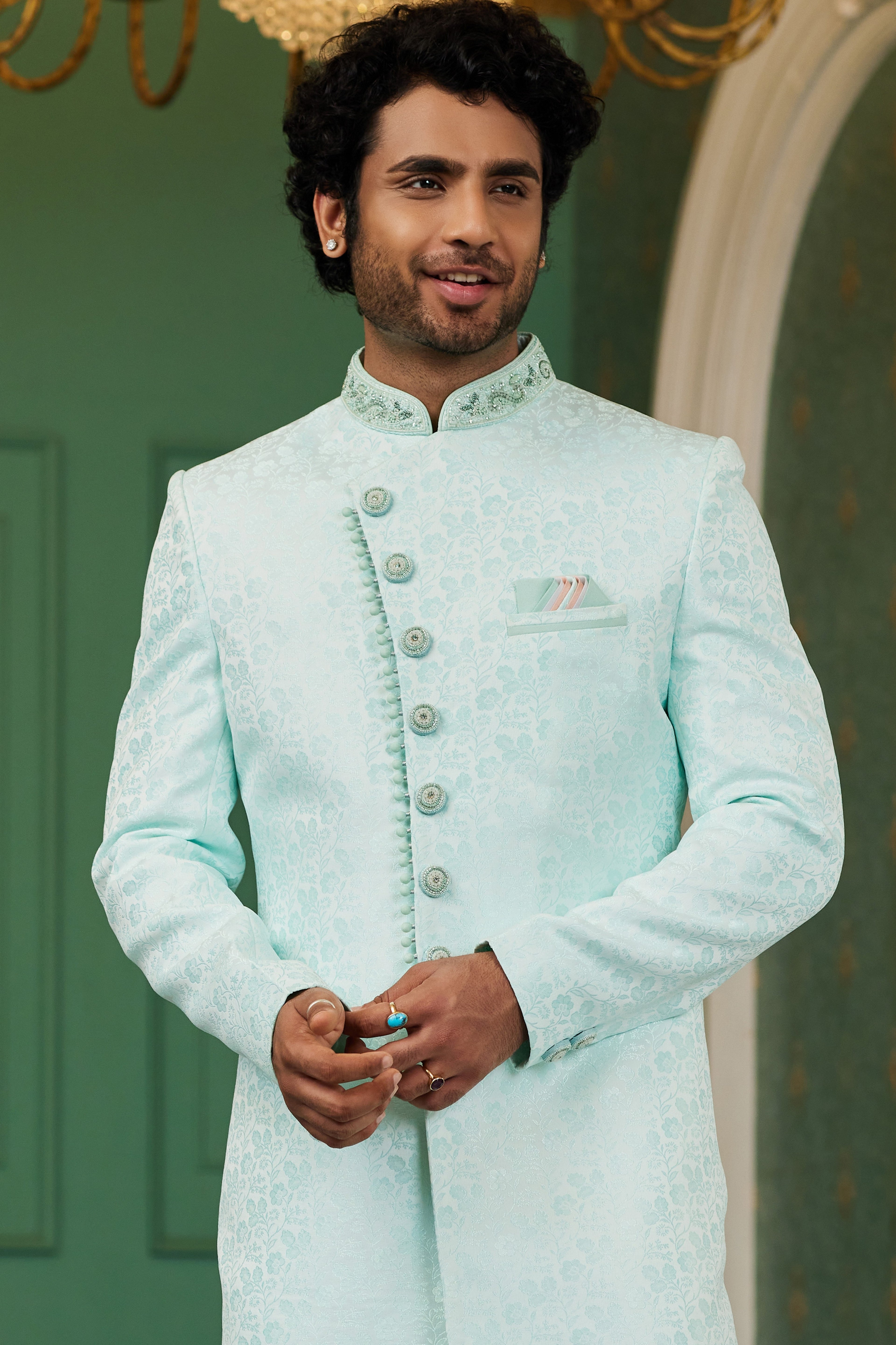 Sky Blue Jacquard Silk Wedding Suit Indowestern Long Kurta & Pant for Men - Hand Work