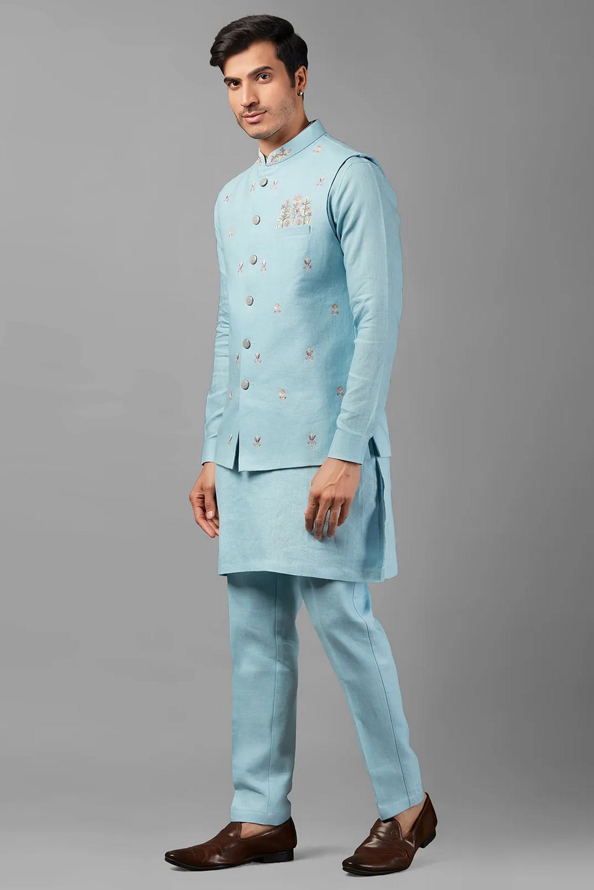 Sky Blue Linen Men's Wedding Suit Waistcoat, Kurta with Pant - Embroidery Work