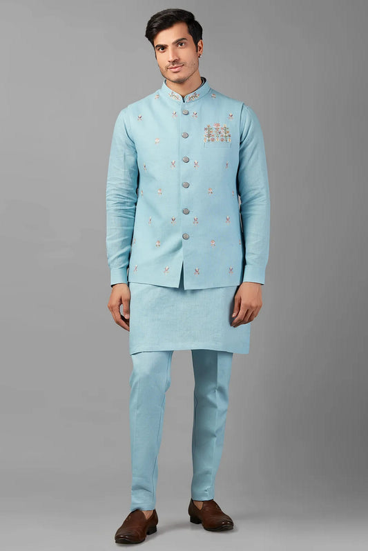Sky Blue Linen Men's Wedding Suit Waistcoat, Kurta with Pant - Embroidery Work