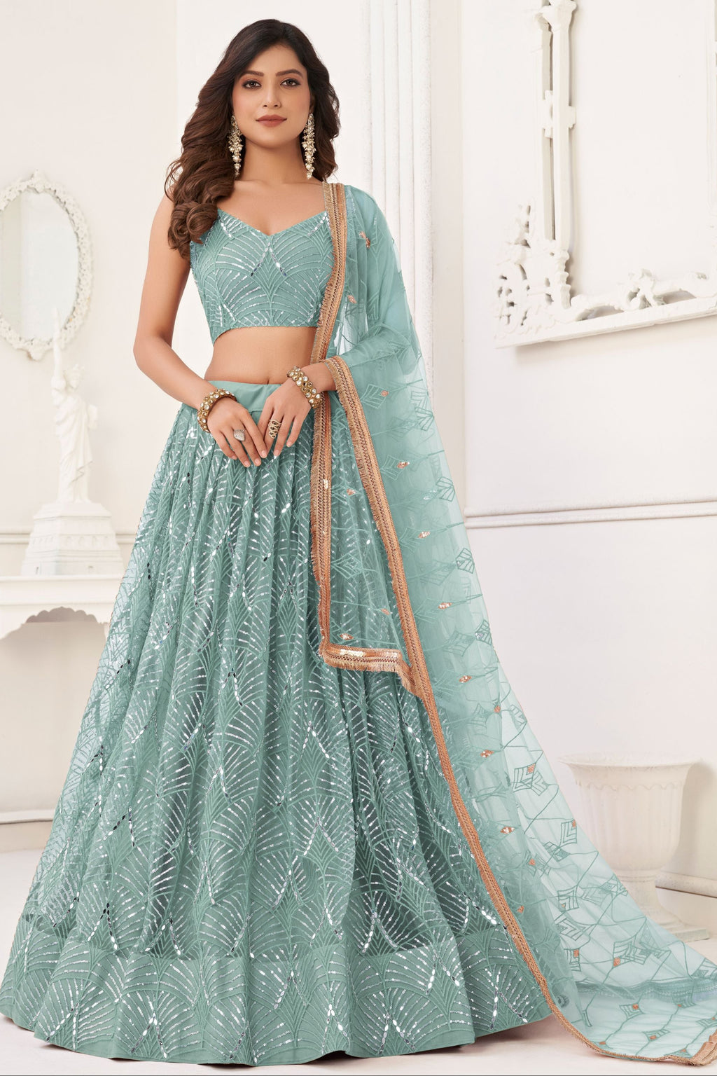Sky Blue Net Embroidered Lehenga Choli For Indian Festival & Weddings - Embroidery Work