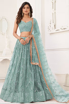 Sky Blue Net Embroidered Lehenga Choli For Indian Festival & Weddings - Embroidery Work