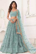 Sky Blue Net Embroidered Lehenga Choli For Indian Festival & Weddings - Embroidery Work, Real Mirror Work