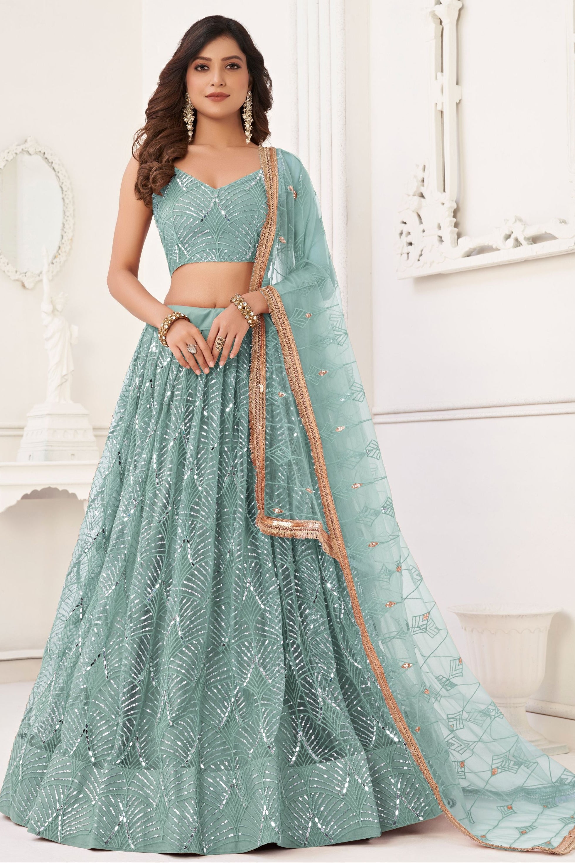 Sky Blue Net Embroidered Lehenga Choli For Indian Festival & Weddings - Embroidery Work