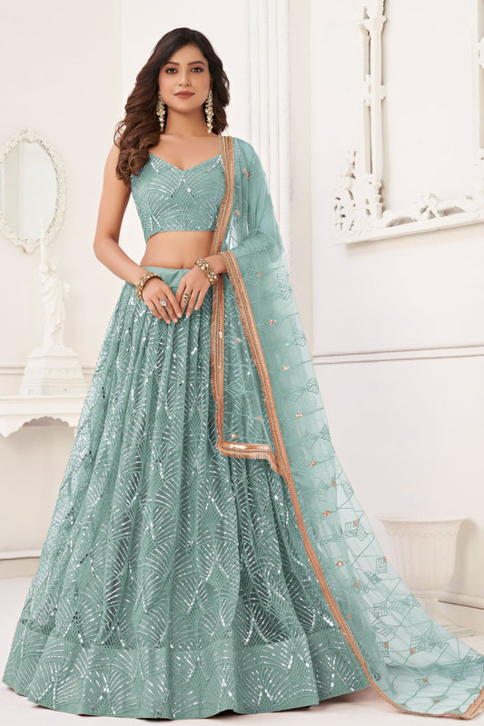 Sky Blue Net Embroidered Lehenga Choli For Indian Festival & Weddings - Embroidery Work