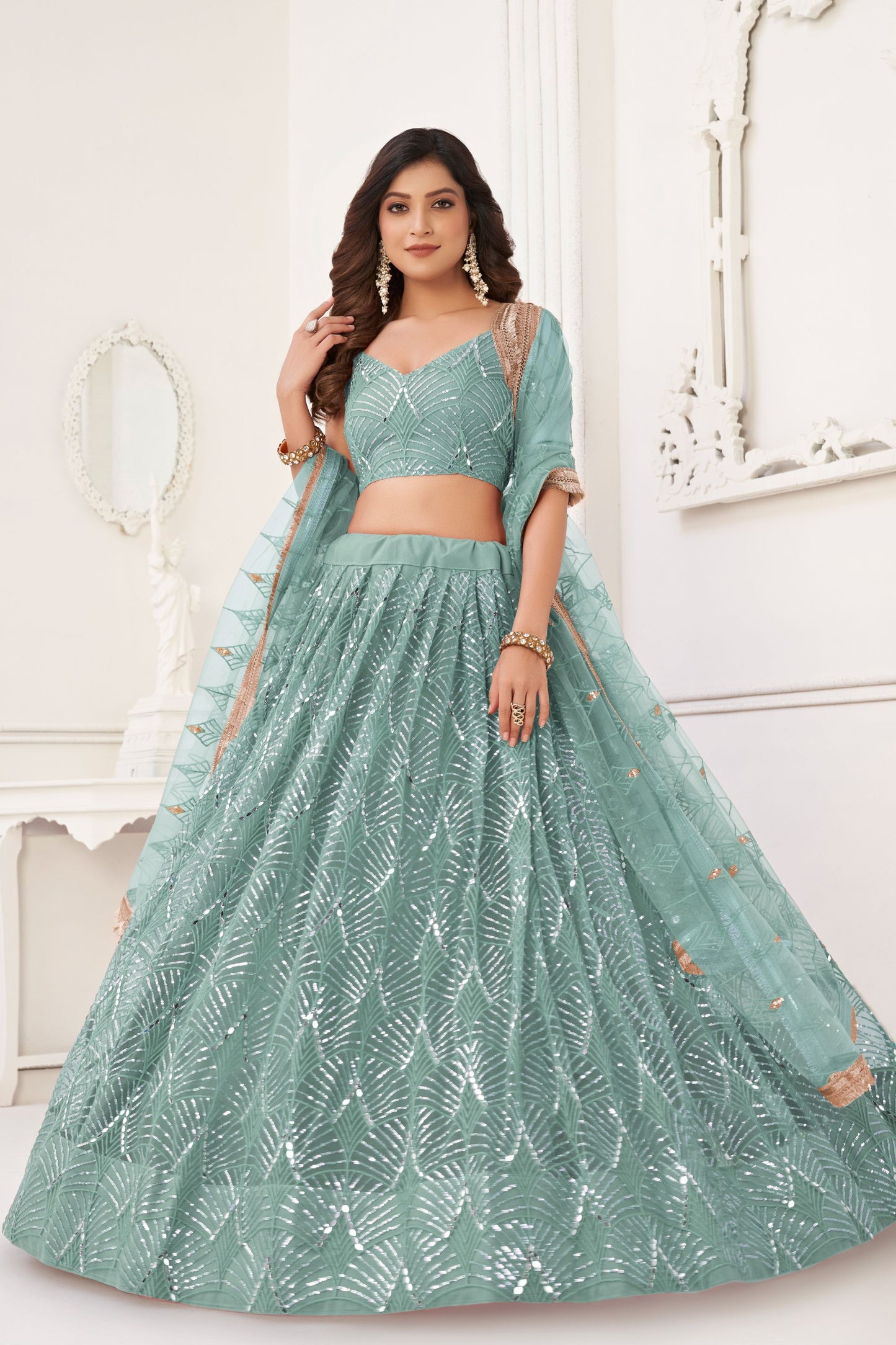 Sky Blue Net Embroidered Lehenga Choli For Indian Festival & Weddings - Embroidery Work