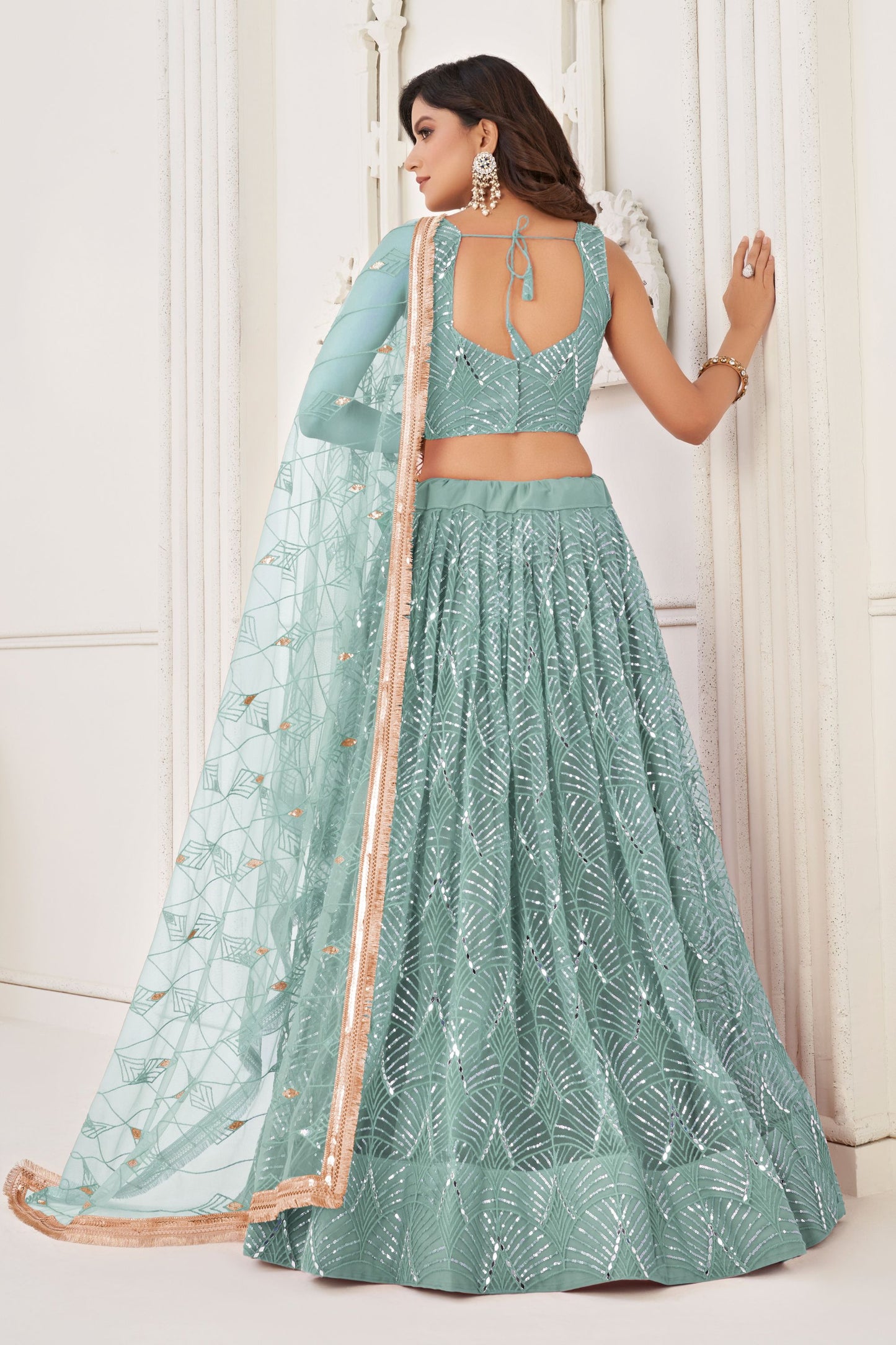 Sky Blue Net Embroidered Lehenga Choli For Indian Festival & Weddings - Embroidery Work