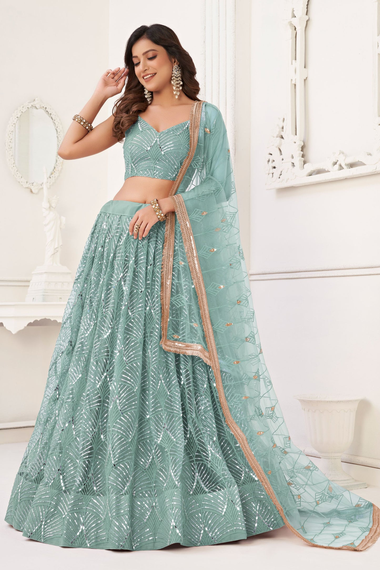 Sky Blue Net Embroidered Lehenga Choli For Indian Festival & Weddings - Embroidery Work