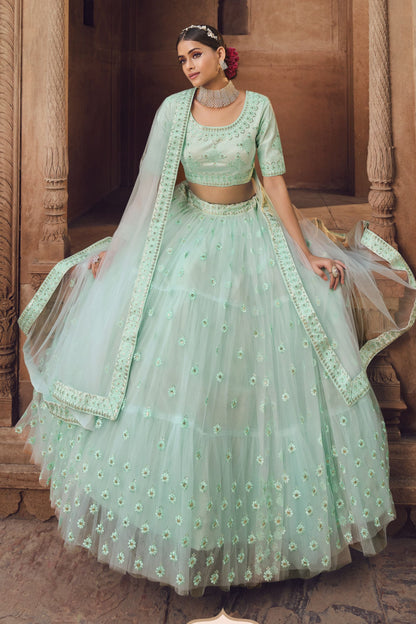 Sky Blue Pakistani Net Floral Lehenga Choli For Indian Festivals & Weddings - Sequence Embroidery Work, Thread Embroidery Work,