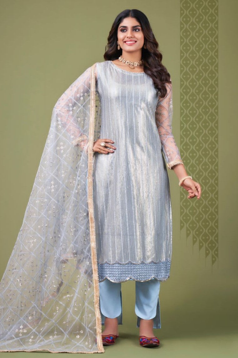 Sky Blue Net Kameez with Pant Indian Attire for Women