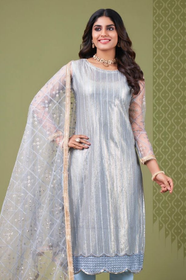 Sky Blue Net Kameez with Pant Indian Attire for Women