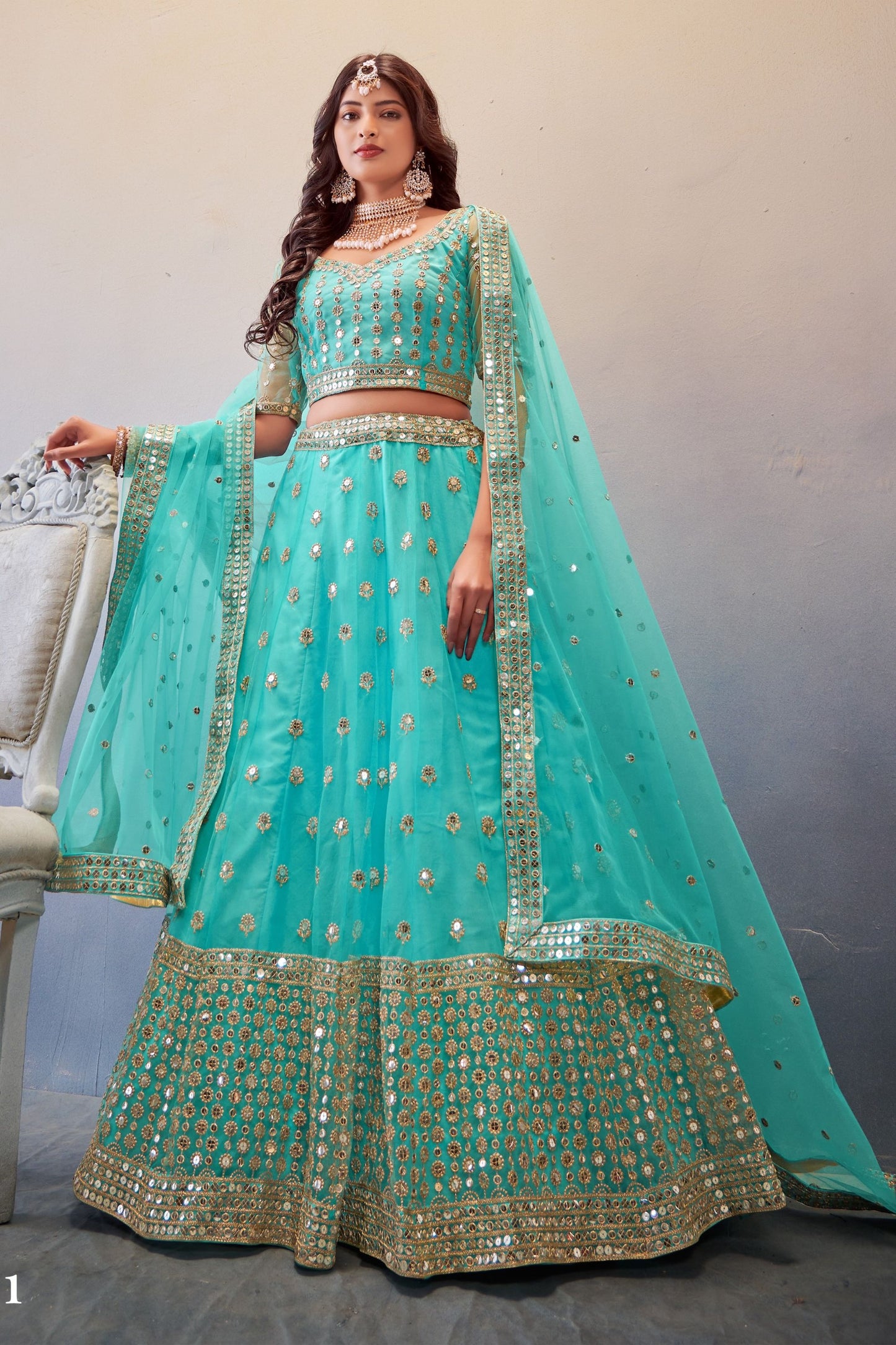 Sky Blue Net Lehenga Choli For Indian Festivals & Wedding - Sequence Embroidery Work