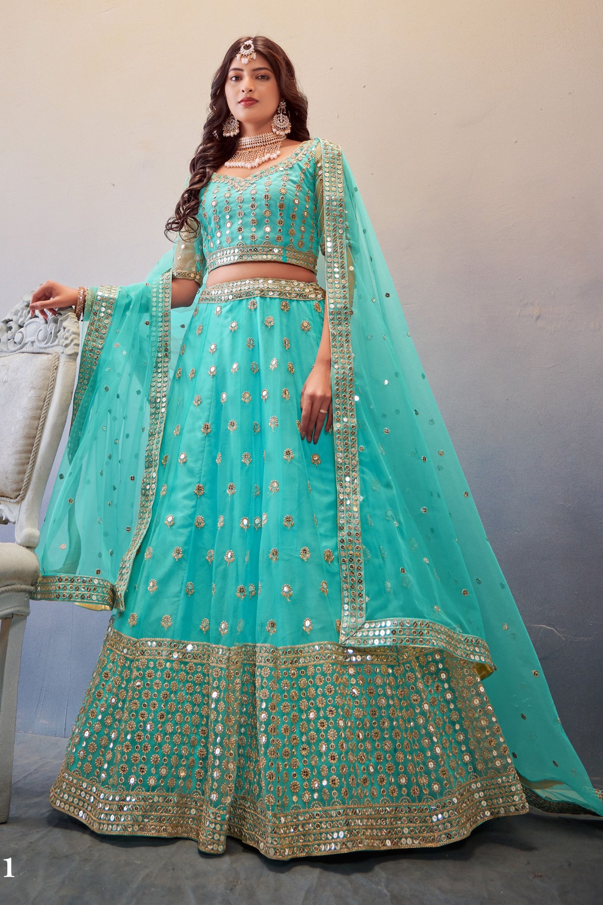 Sky Blue Net Lehenga Choli For Indian Festivals & Wedding - Sequence Embroidery Work