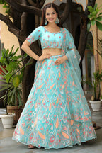 Sky Blue Net Lehenga Choli For Indian & Pakistani Wedding Festival - Thread & Sequins Embroidery Work