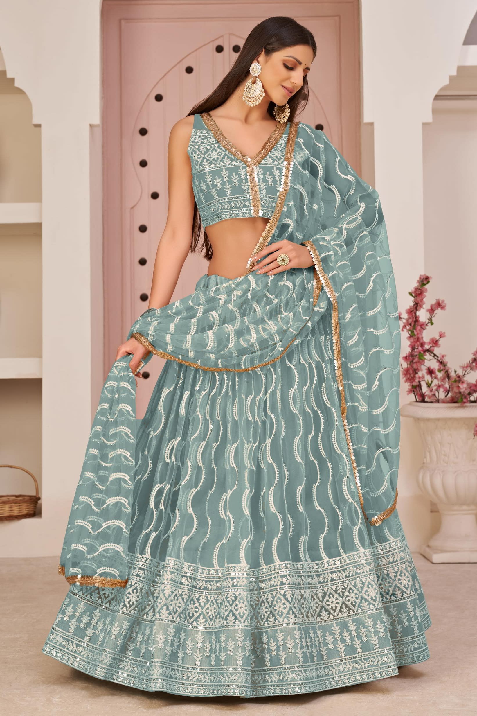 Sky Blue Net Lehenga Choli For Indian & Pakistani Wedding Festival - Zari Work, Sequins & Thread Embroidery Work