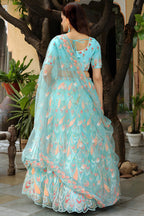 Sky Blue Net Lehenga Choli For Indian & Pakistani Wedding Festival - Thread & Sequins Embroidery Work