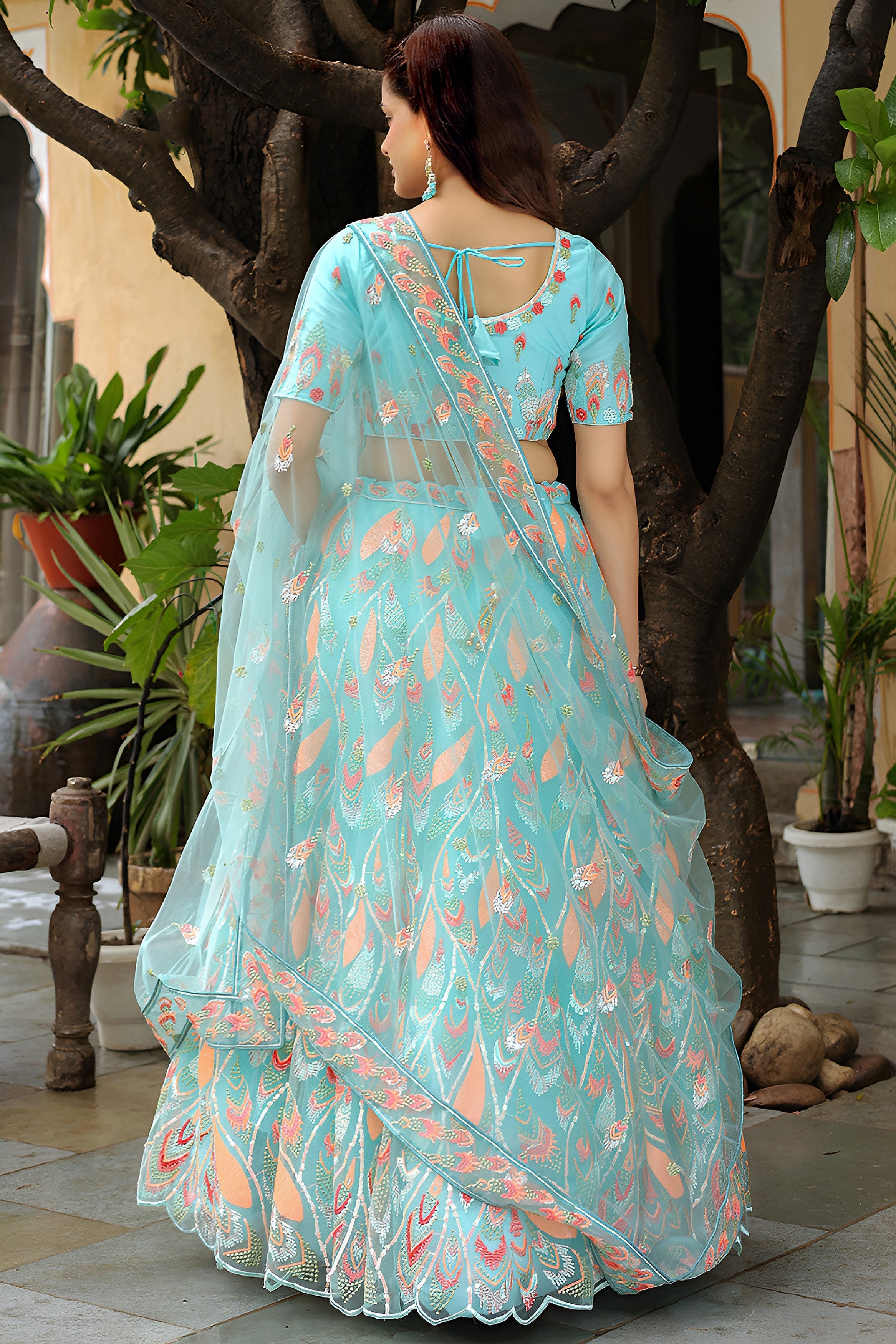 Sky Blue Net Lehenga Choli For Indian & Pakistani Wedding Festival - Thread & Sequins Embroidery Work