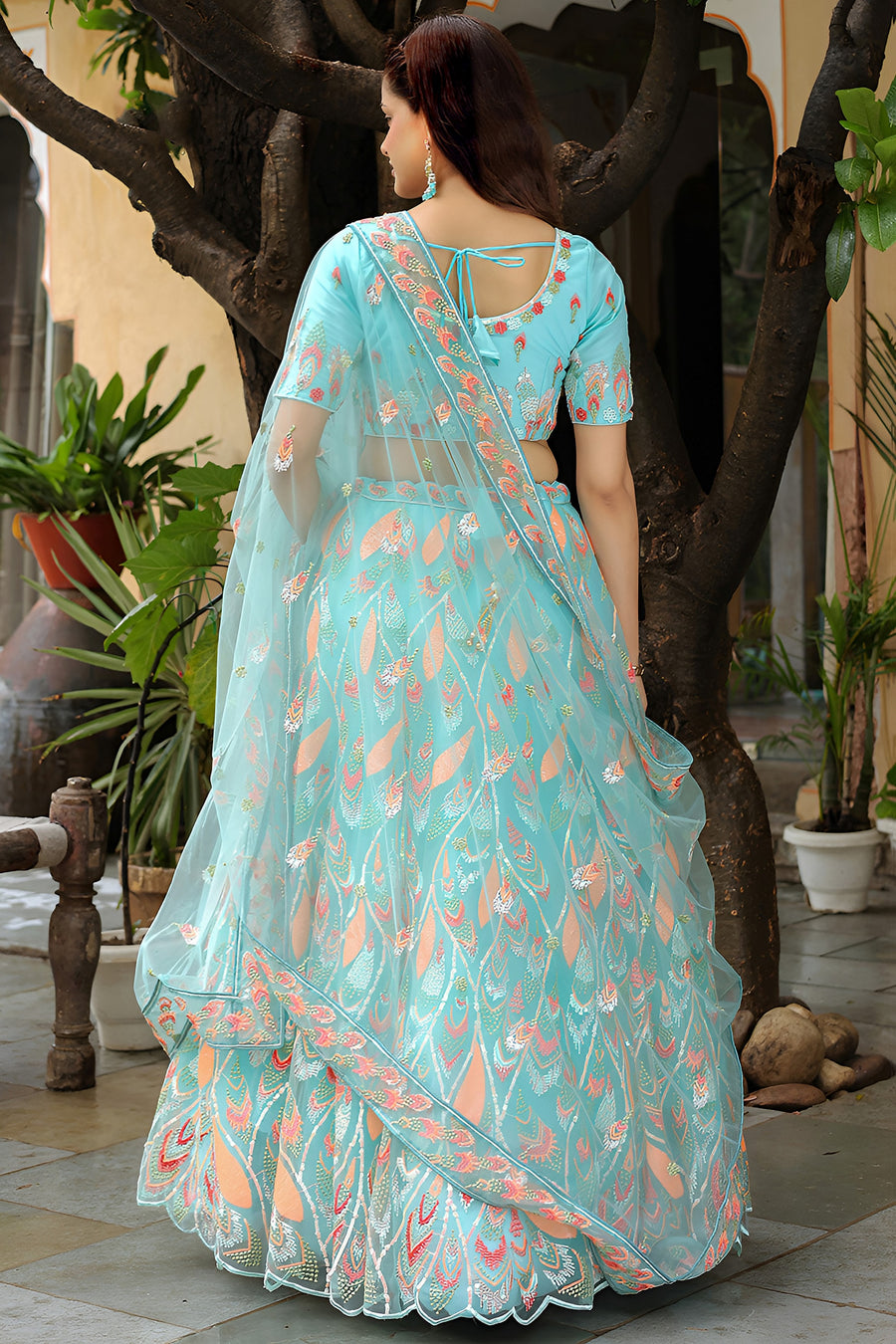 Sky Blue Net Lehenga Choli For Indian & Pakistani Wedding Festival - Thread & Sequins Embroidery Work