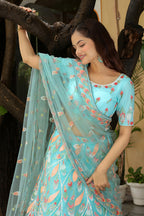 Sky Blue Net Lehenga Choli For Indian & Pakistani Wedding Festival - Thread & Sequins Embroidery Work