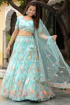 Sky Blue Net Lehenga Choli For Indian & Pakistani Wedding Festival - Thread & Sequins Embroidery Work