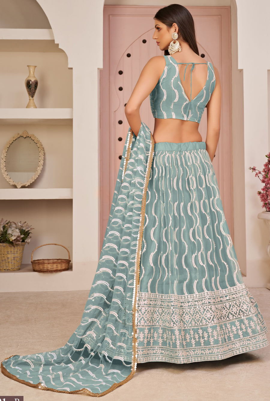 Sky Blue Net Lehenga Choli For Indian & Pakistani Wedding Festival - Zari Work, Sequins & Thread Embroidery Work