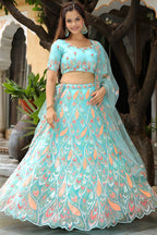 Sky Blue Net Lehenga Choli For Indian & Pakistani Wedding Festival - Thread & Sequins Embroidery Work