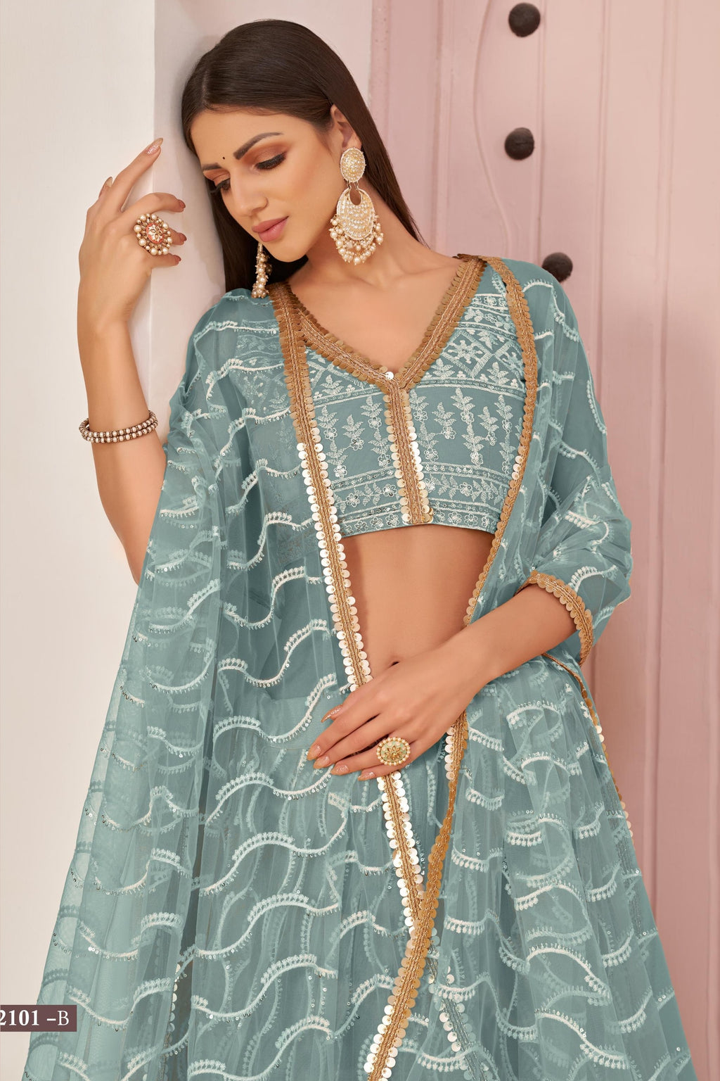 Sky Blue Net Lehenga Choli For Indian & Pakistani Wedding Festival - Zari Work, Sequins & Thread Embroidery Work