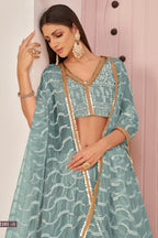 Sky Blue Net Lehenga Choli For Indian & Pakistani Wedding Festival - Zari Work, Sequins & Thread Embroidery Work