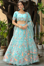 Sky Blue Net Lehenga Choli For Indian & Pakistani Wedding Festival - Thread & Sequins Embroidery Work