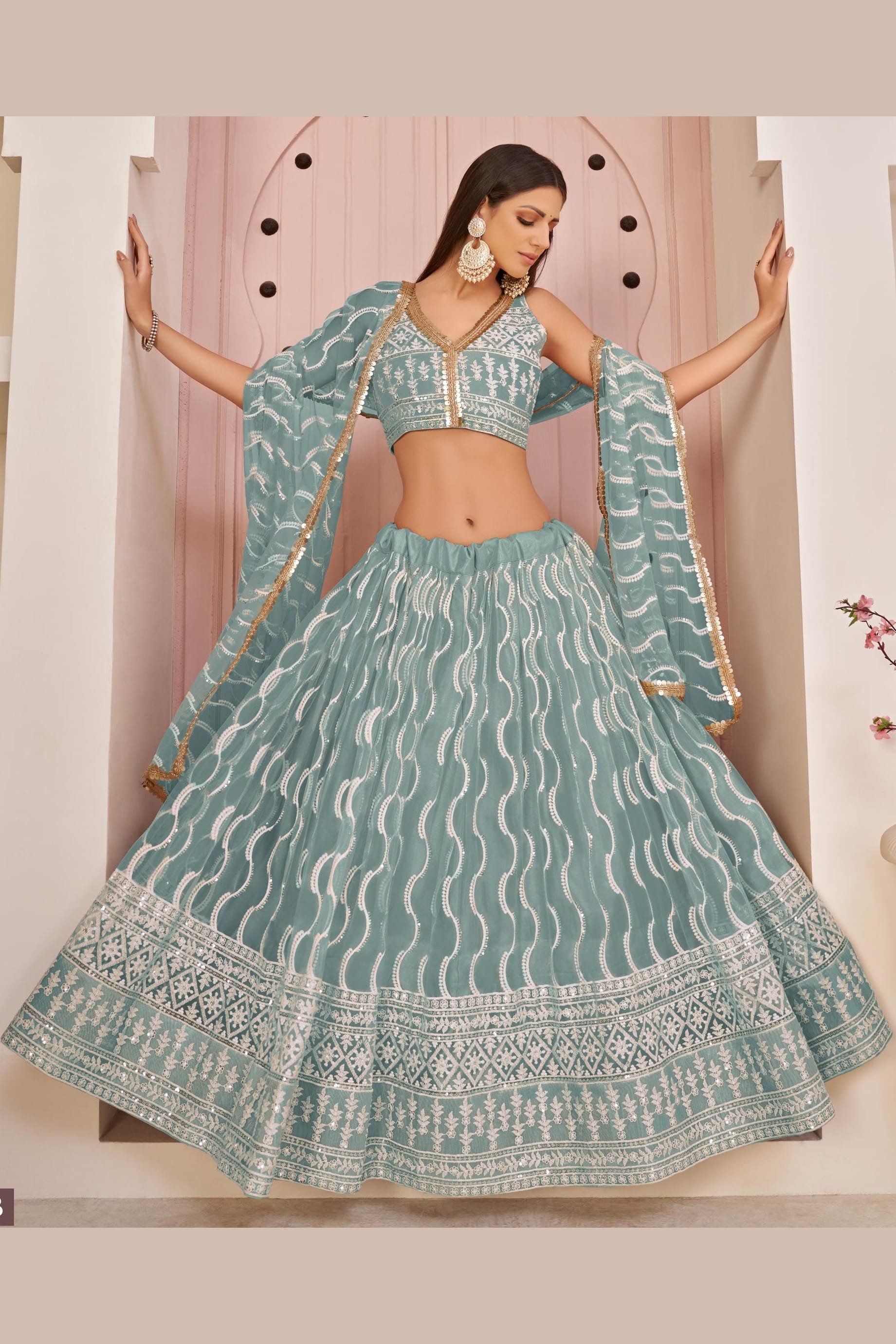 Sky Blue Net Lehenga Choli For Indian & Pakistani Wedding Festival - Zari Work, Sequins & Thread Embroidery Work