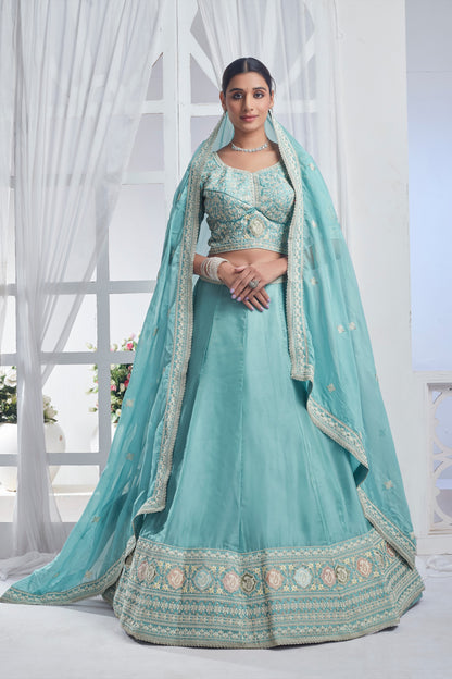 Sky Blue Organza Embroidered Lehenga Choli For Indian Festival & Pakistani Wedding - Sequence Embroidery Work, Dori Work