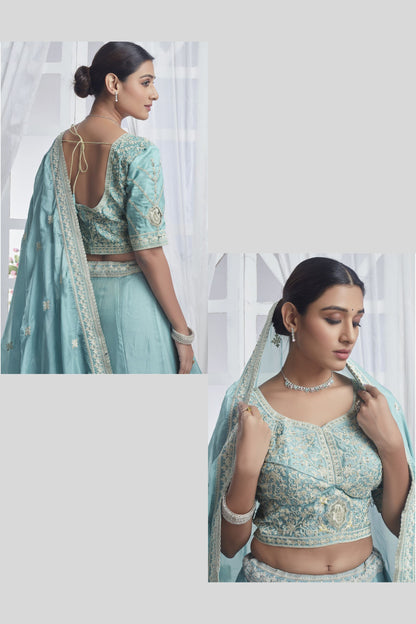 Sky Blue Organza Embroidered Lehenga Choli For Indian Festival & Pakistani Wedding - Sequence Embroidery Work, Dori Work