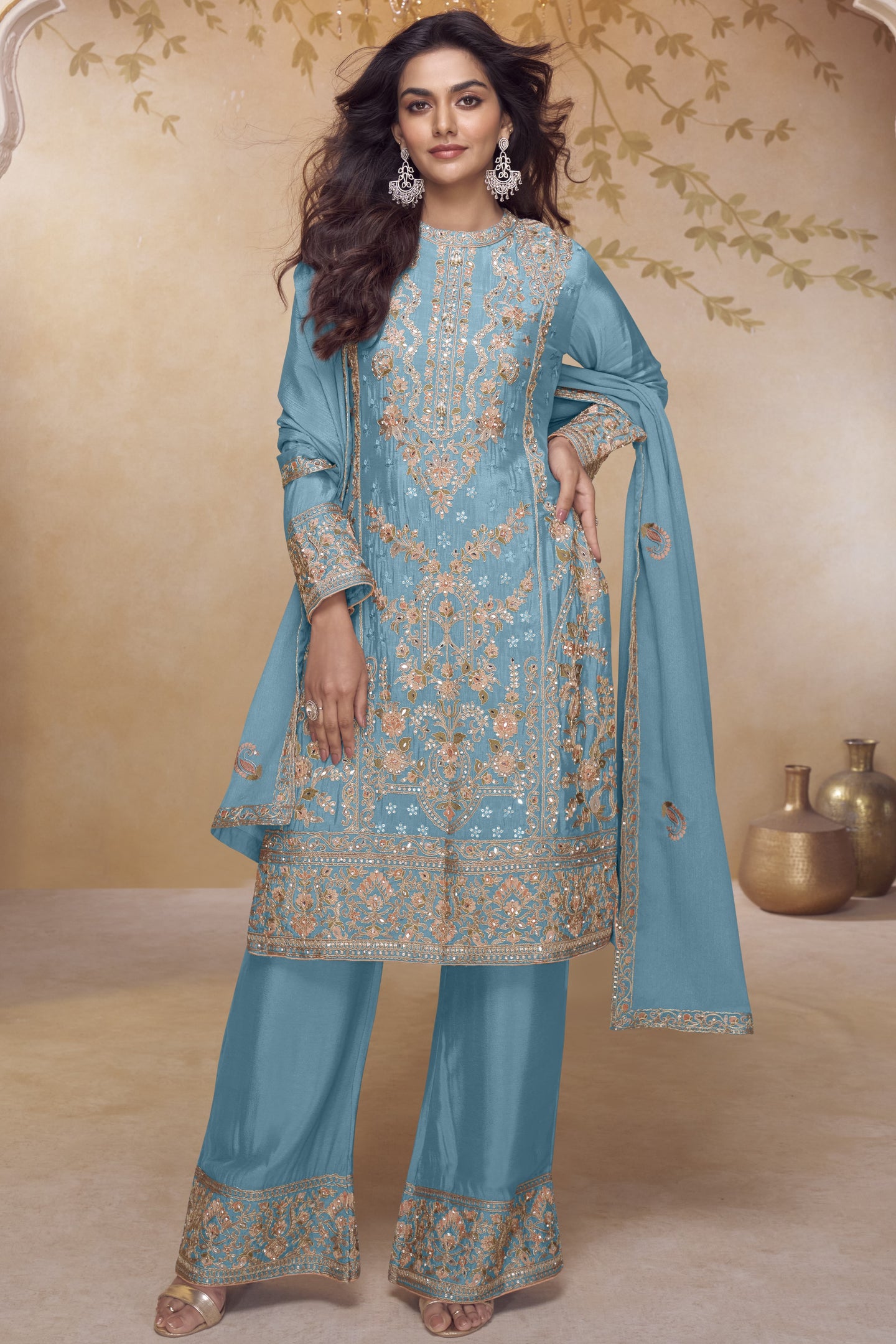 Festival Wear Sky Blue Chinon Silk Kameez with Palazo