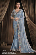 Steel Blue Satin Saree for Wedding Guest with Sequins & Pearl Handwork