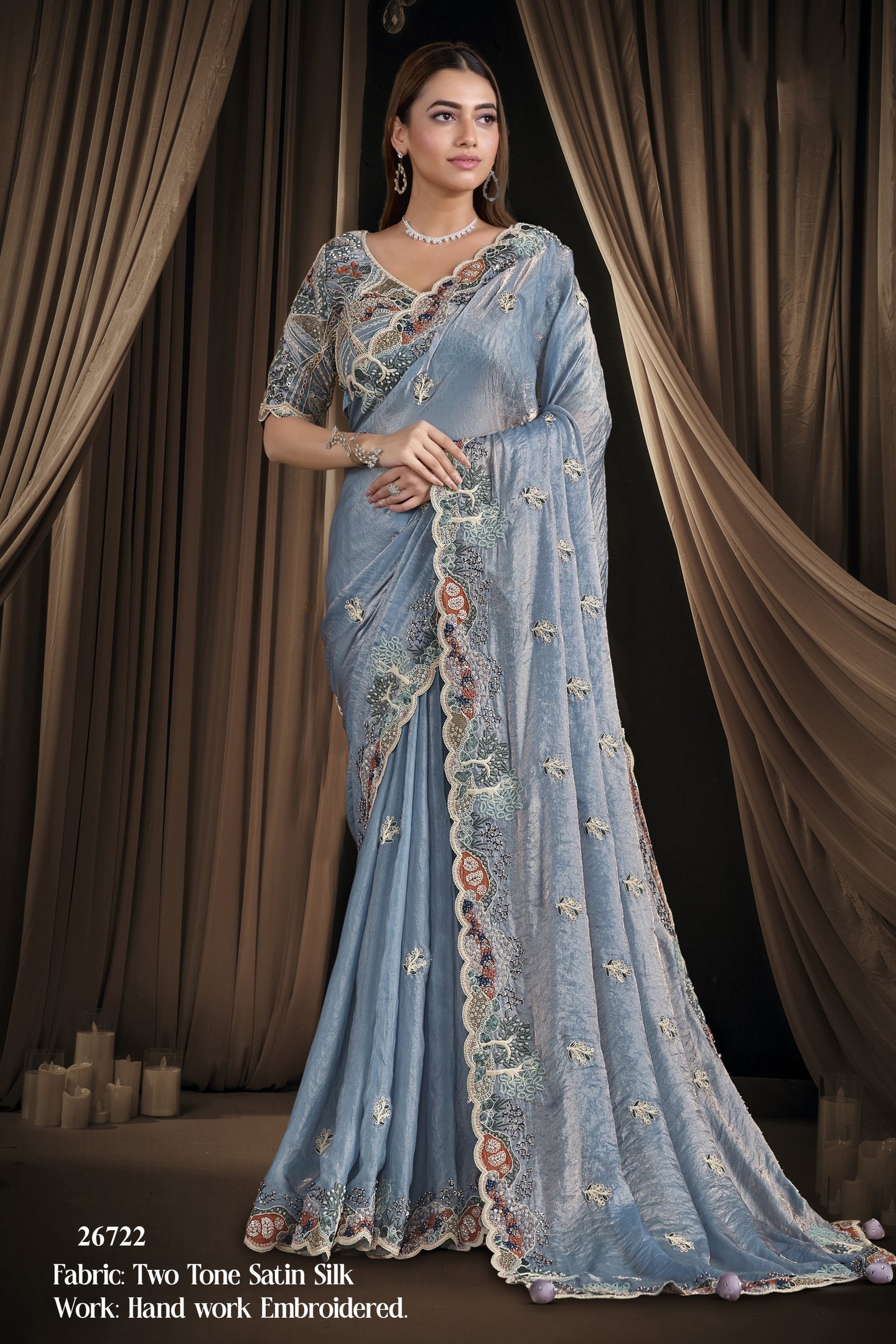 Steel Blue Satin Saree for Wedding Guest with Sequins & Pearl Handwork