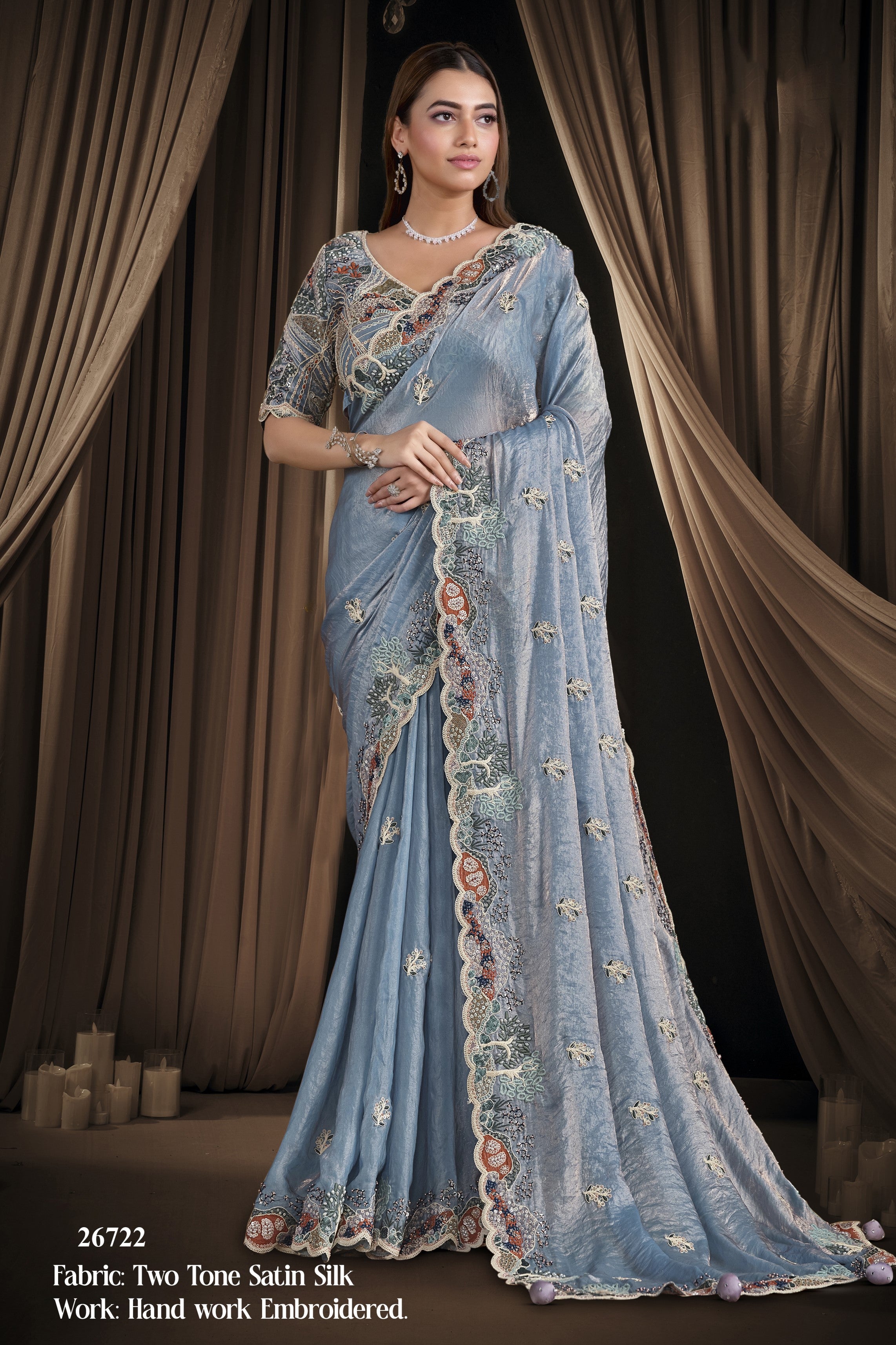 Sky Blue Satin Saree for Wedding Guest with Pearl and Sequins Work