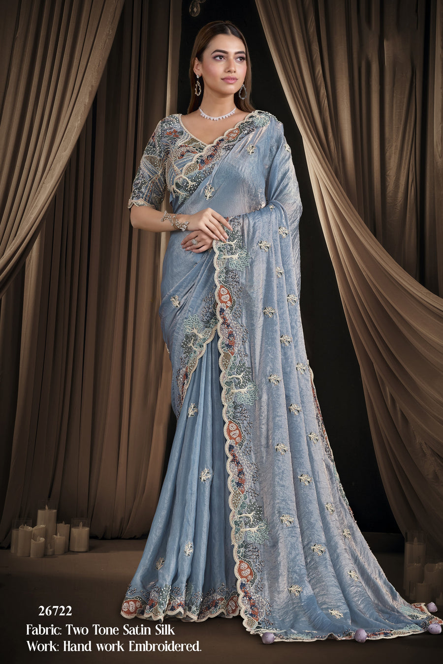 Sky Blue Satin Saree for Wedding Guest with Pearl and Sequins Work