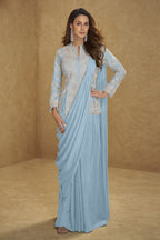 Sky Blue Chinon Silk Jacket with Draped Saree with Thread and Sequins Embroidery