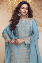 Festival Wear Sky Blue Chinon Silk Kameez with Palazo