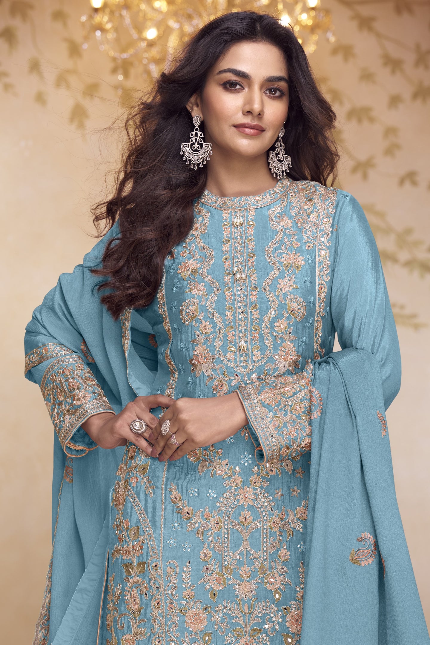 Festival Wear Sky Blue Chinon Silk Kameez with Palazo